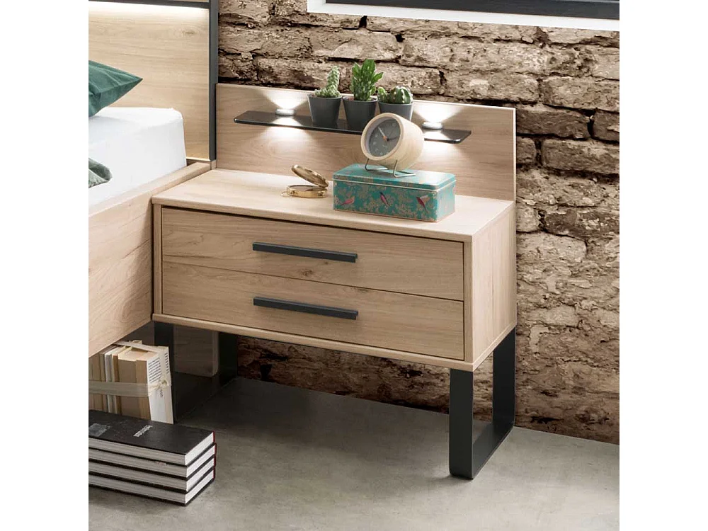 Nachttisch in Eiche Optik und Dunkelgrau LED Beleuchtung