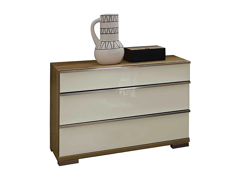 Nachtkommode in Eiche Bianco und Beige glasbeschichtet drei Schubladen