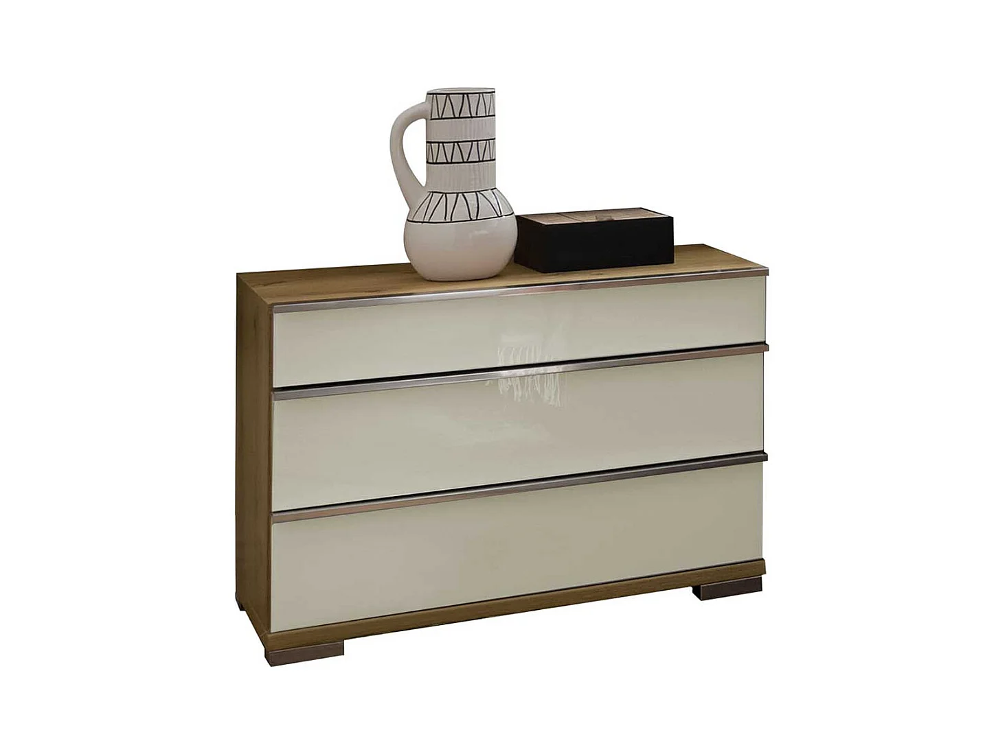 Nachtkommode in Eiche Bianco und Beige glasbeschichtet drei Schubladen