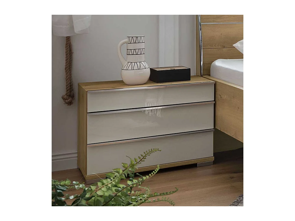 Nachtkommode in Eiche Bianco und Beige glasbeschichtet drei Schubladen