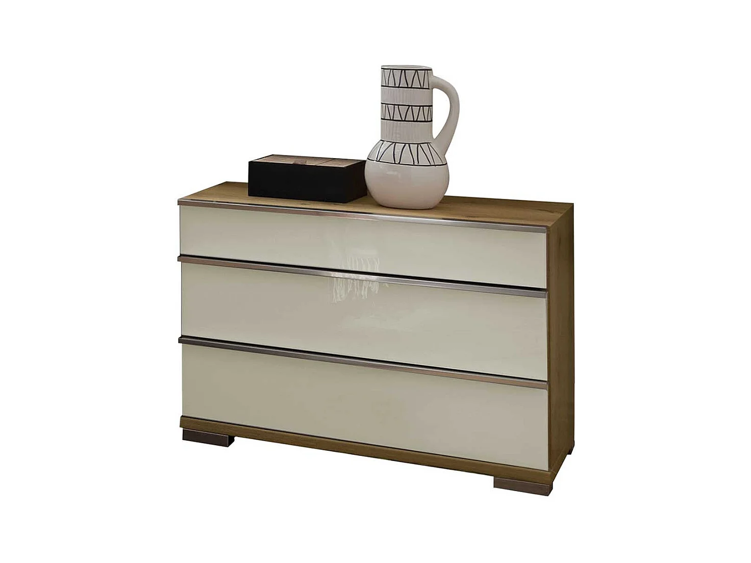 Nachtkommode in Eiche Bianco und Beige glasbeschichtet drei Schubladen