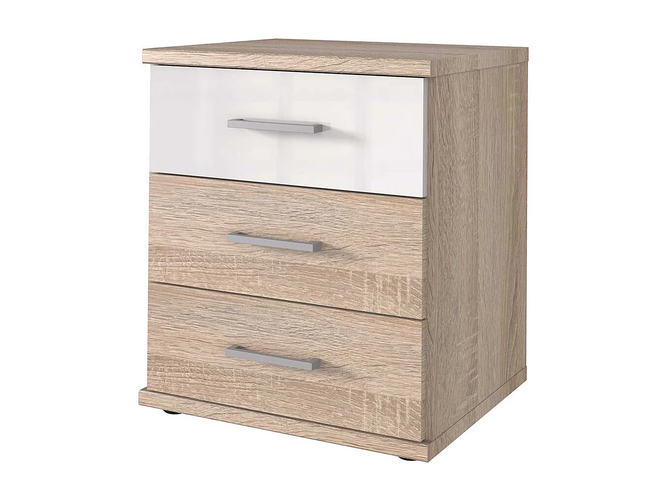 Nachtkonsole mit 3 Schubladen in Eiche Sägerau und Weiß 58 cm hoch