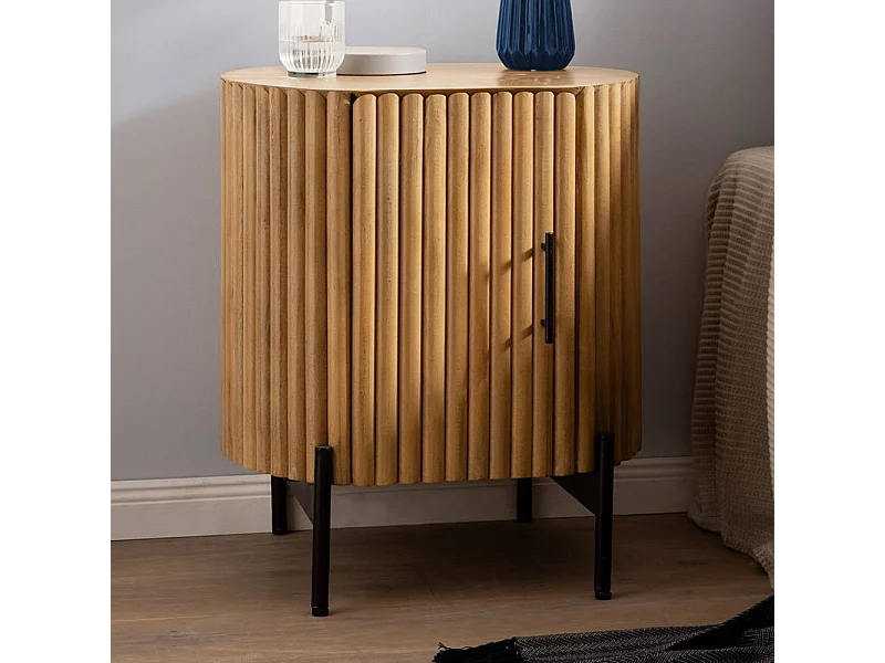 Nachttisch Beistellschrank aus Mangobaum Massivholz in Paneeloptik