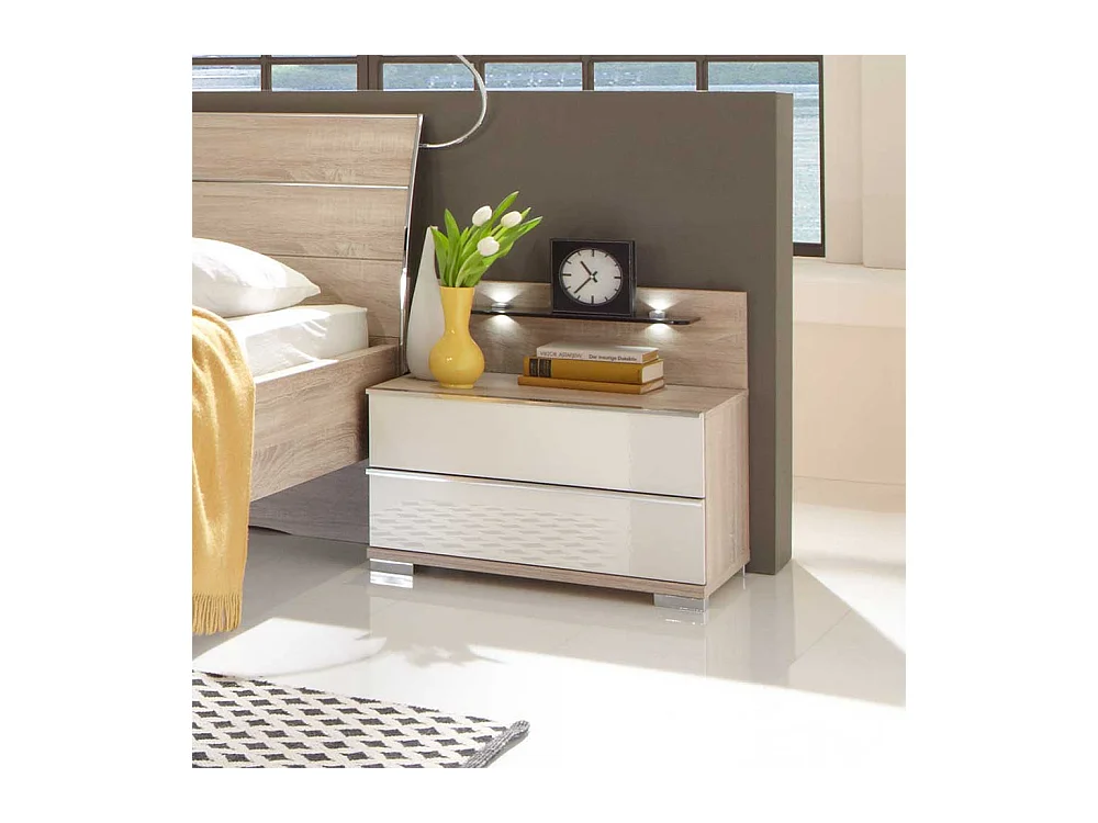 Nachtkonsole in Weiß Eiche Sägerau Glas beschichtet (zweiteilig)