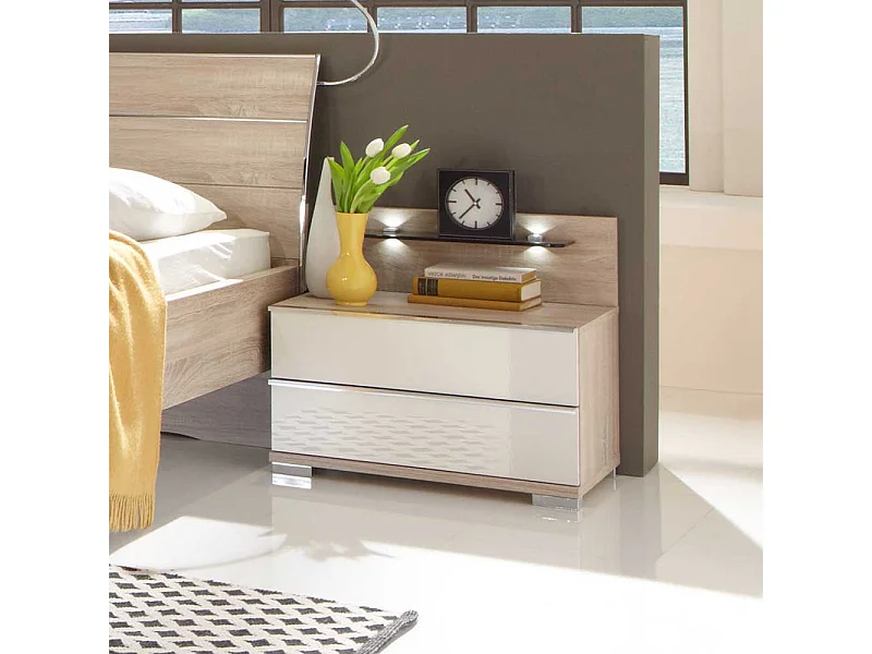 Nachtkonsole in Weiß Eiche Sägerau Glas beschichtet (zweiteilig)