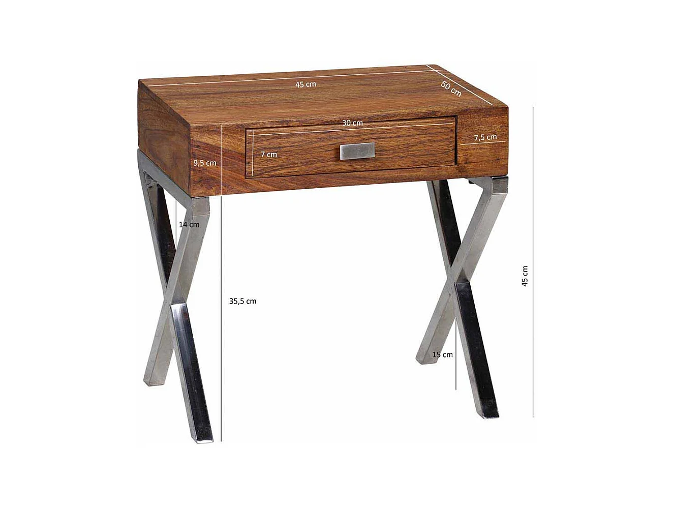 Nachtkonsole aus Sheesham Massivholz Metall verchromt