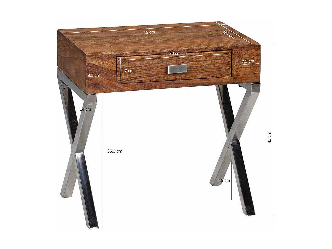 Nachtkonsole aus Sheesham Massivholz Metall verchromt