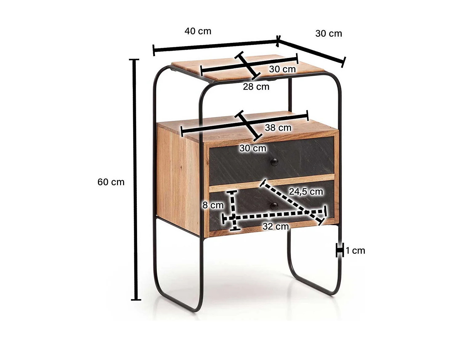 Nachttisch Nachtschrank aus Akazie Massivholz und Metall