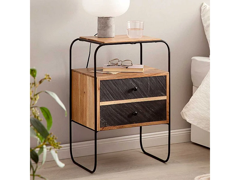 Nachttisch Nachtschrank aus Akazie Massivholz und Metall