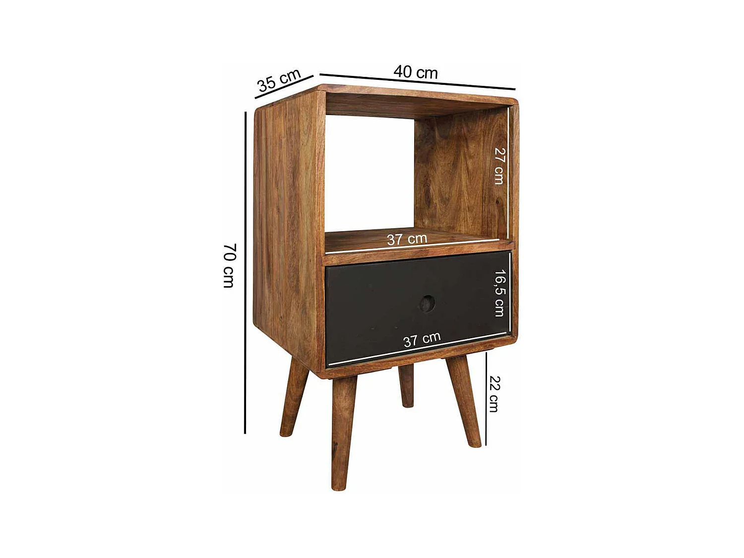 Boxspring Nachtkommode aus Sheesham Massivholz Schublade Schwarz