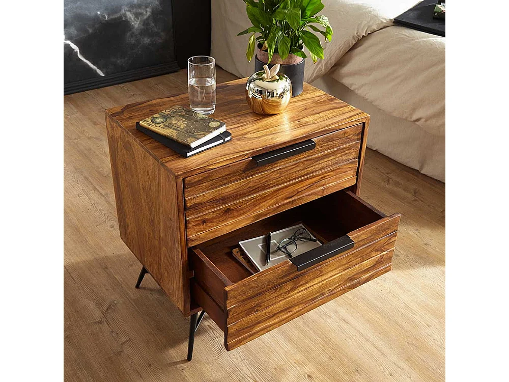 Industry Nachtschrank aus Sheesham Massivholz Eisen