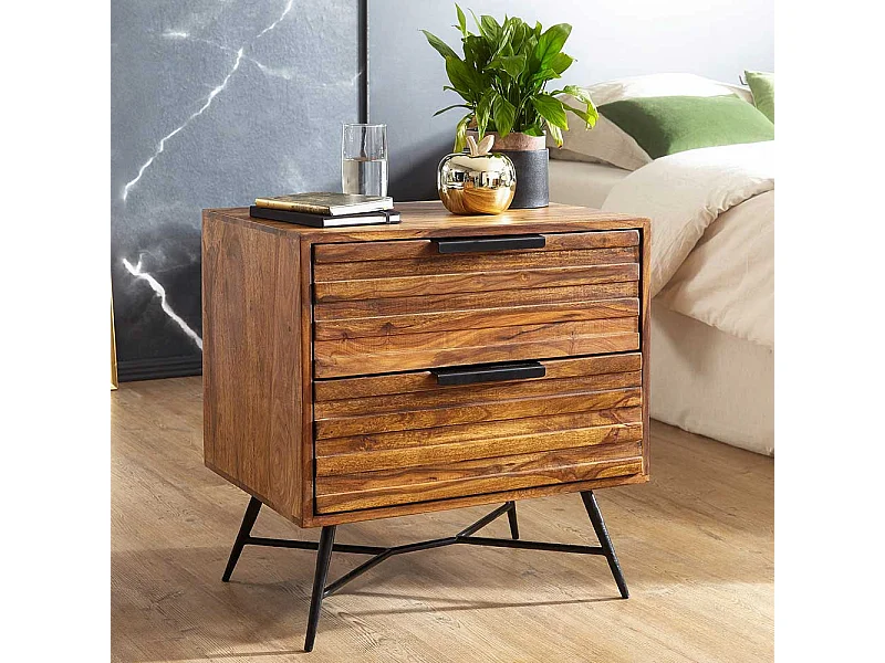 Industry Nachtschrank aus Sheesham Massivholz Eisen