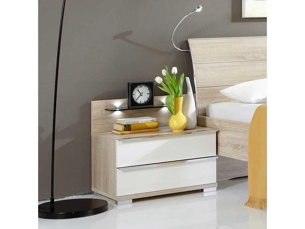 Nachttisch in Weiß Eiche Sägerau LED Beleuchtung