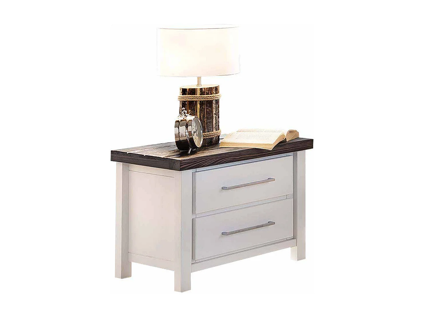 Nachtkonsole in Weiß lasiert Braun Kiefer massiv