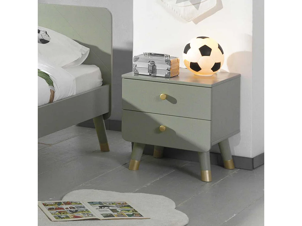 Nachttischchen in Graugrün und Goldfarben zwei Schubladen