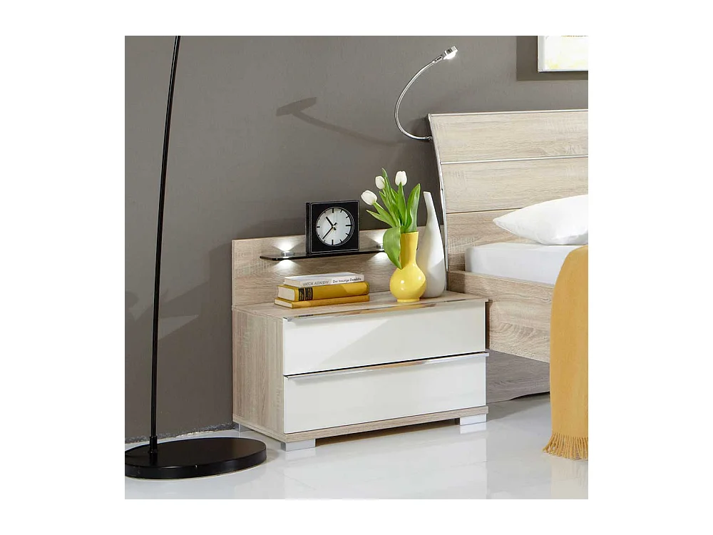 Nachttisch in Eiche Sägerau Weiß LED Beleuchtung