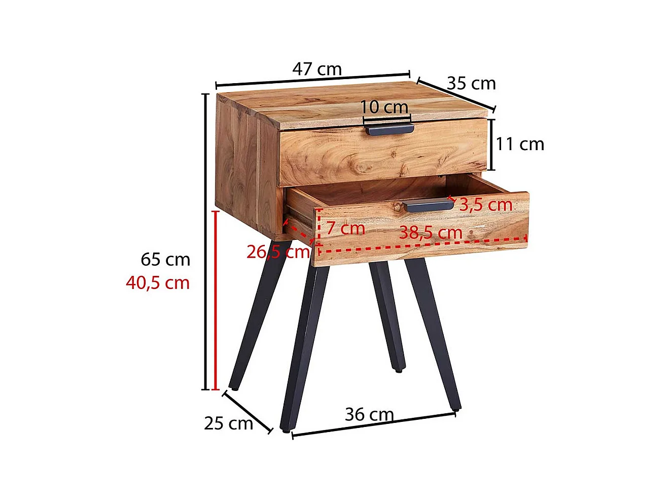 Nachttischkommode Boxbett aus Akazie Massivholz Metall