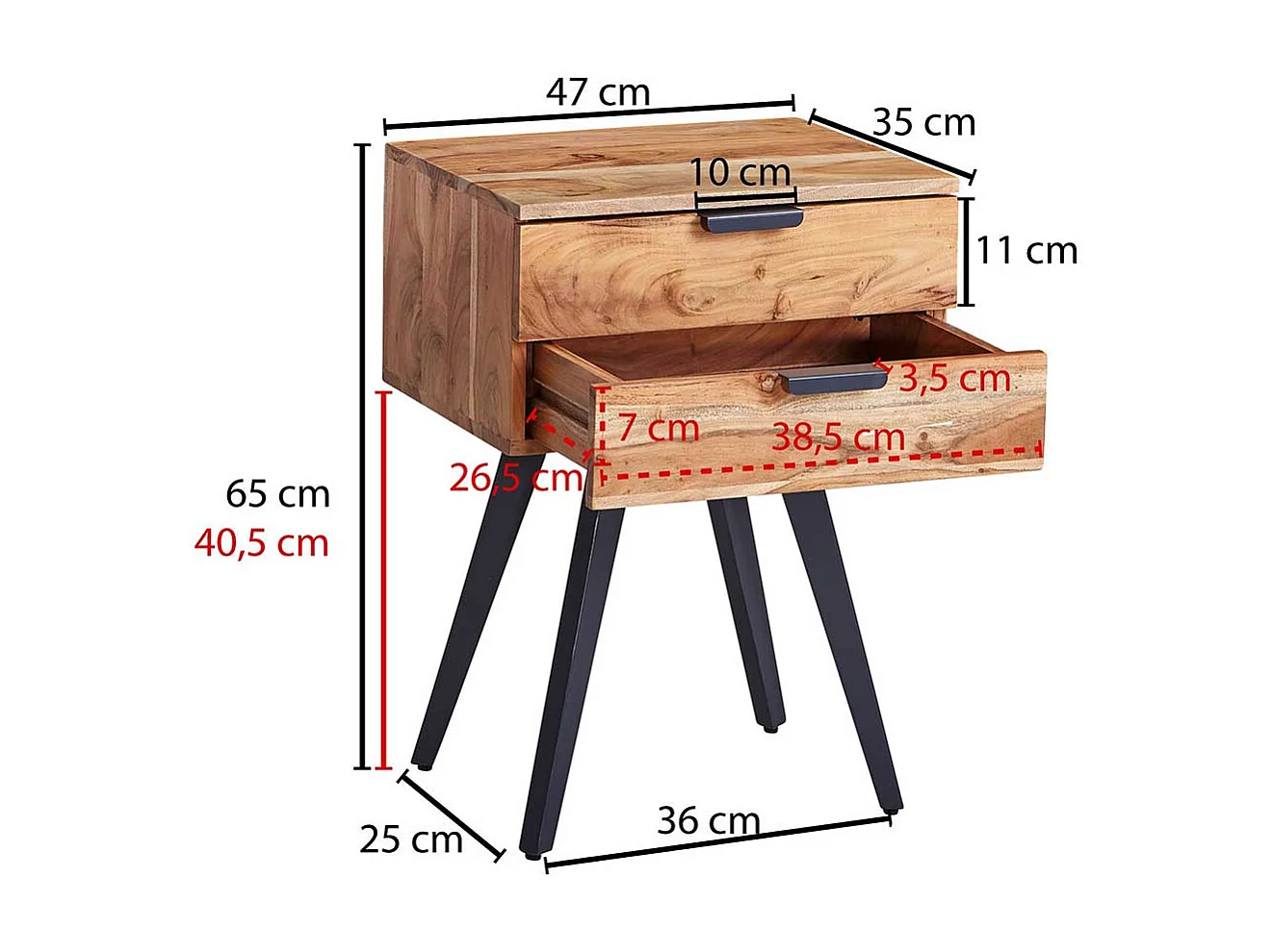 Nachttischkommode Boxbett aus Akazie Massivholz Metall