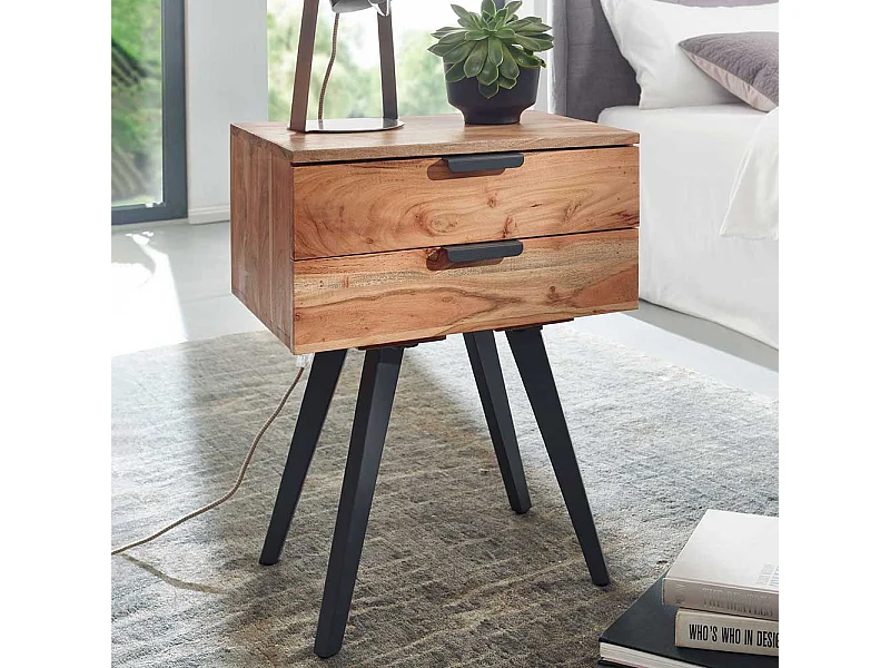 Nachttischkommode Boxbett aus Akazie Massivholz Metall