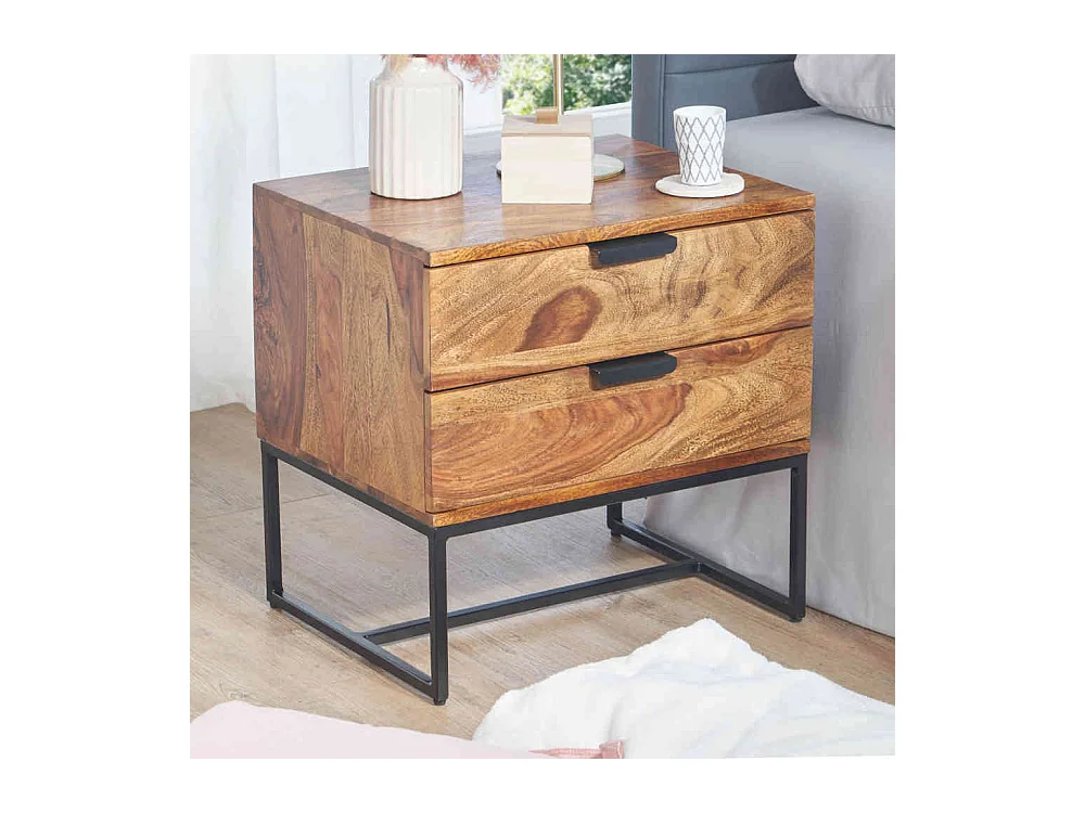Nachttisch Kommode massiv aus Sheesham Holz Bügelgestell aus Metall