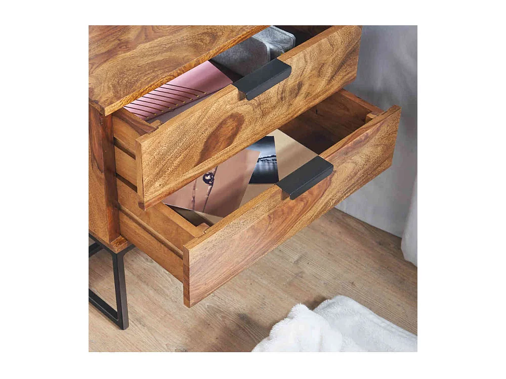 Nachttisch Kommode massiv aus Sheesham Holz Bügelgestell aus Metall