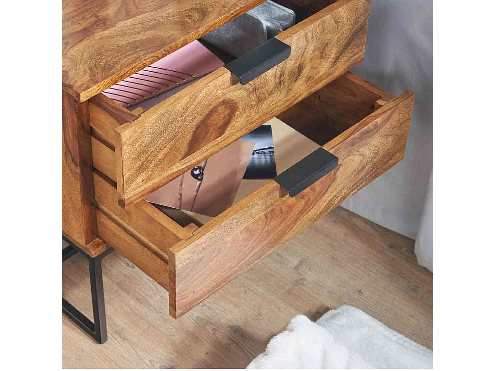 Nachttisch Kommode massiv aus Sheesham Holz Bügelgestell aus Metall