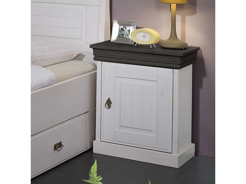 Nachtkommode in Weiß und Dunkelbraun Massivholz