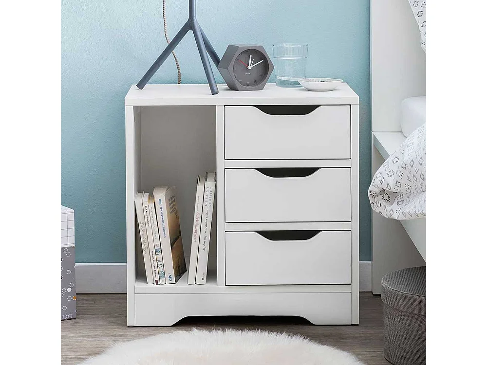 Weiße Bettkommode mit drei Schubladen einem offenen Fach