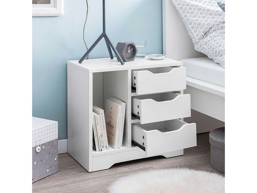 Weiße Bettkommode mit drei Schubladen einem offenen Fach