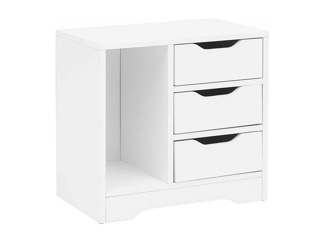 Weiße Bettkommode mit drei Schubladen einem offenen Fach