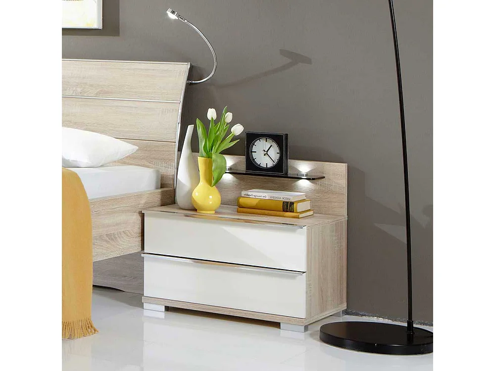 Nachtkonsölchen in Weiß Eiche Sägerau LED Beleuchtung