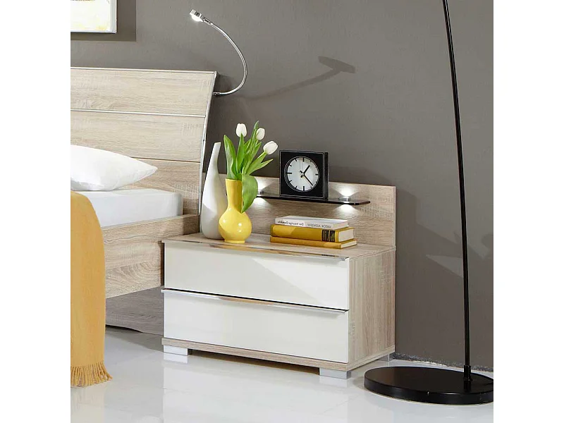 Nachtkonsölchen in Weiß Eiche Sägerau LED Beleuchtung