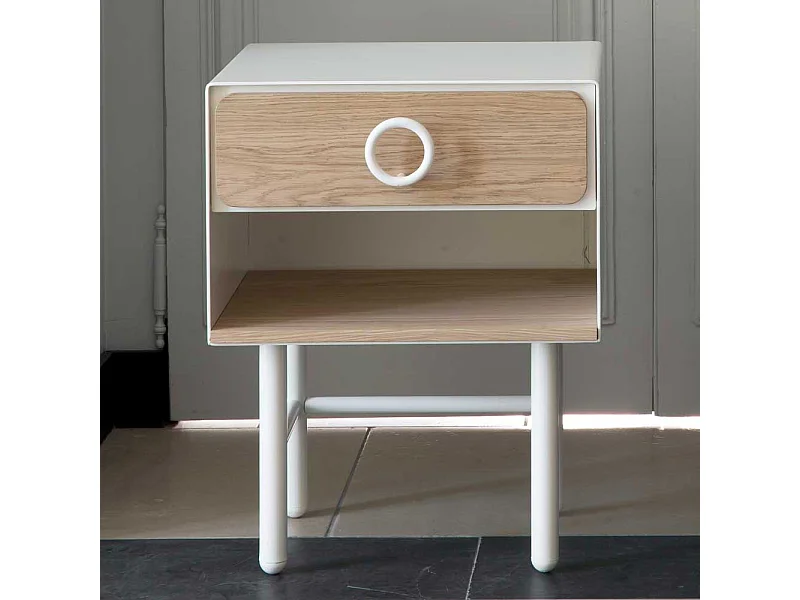 Nachtkonsole in Weiß und mit Eiche Echtholz Furnier 40 cm breit