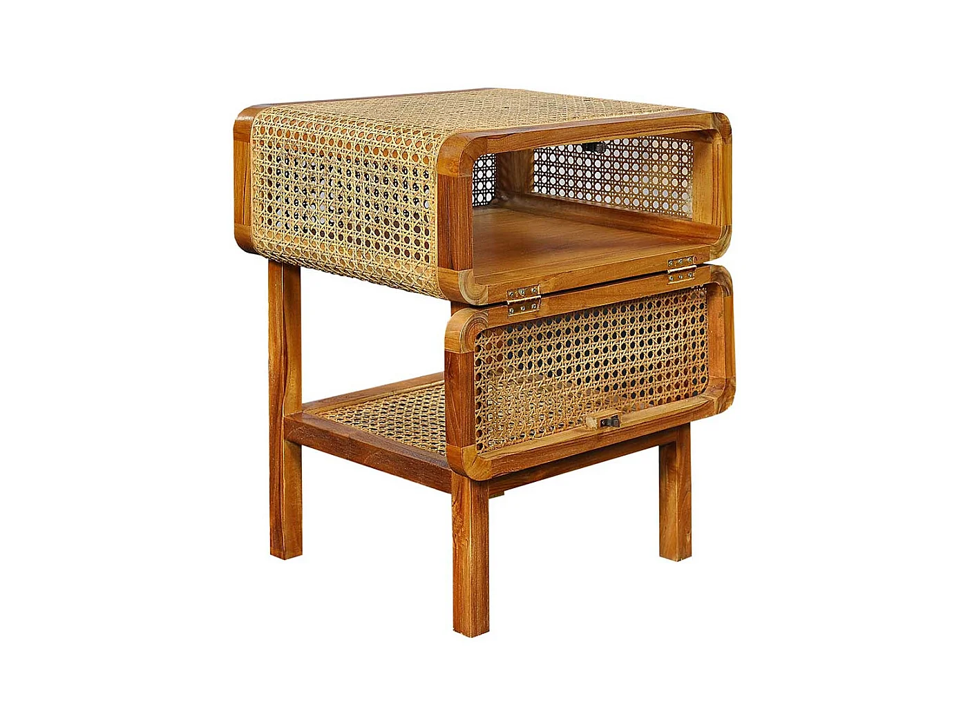 Nachtschrank aus Rattan und Teak Massivholz Retrostil