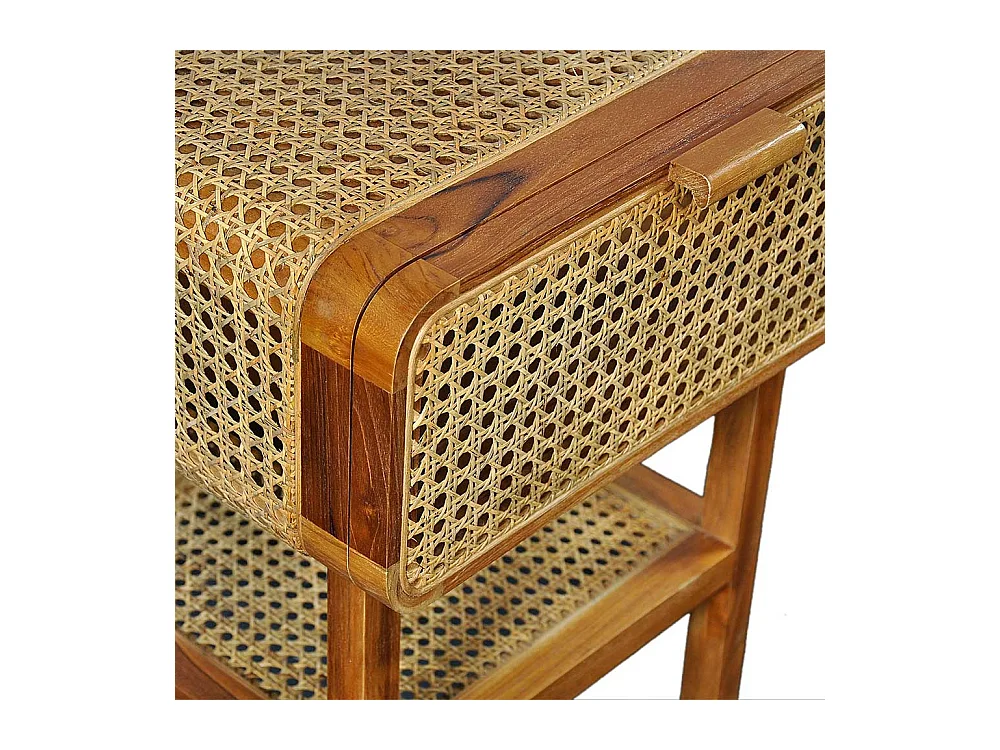 Nachtschrank aus Rattan und Teak Massivholz Retrostil