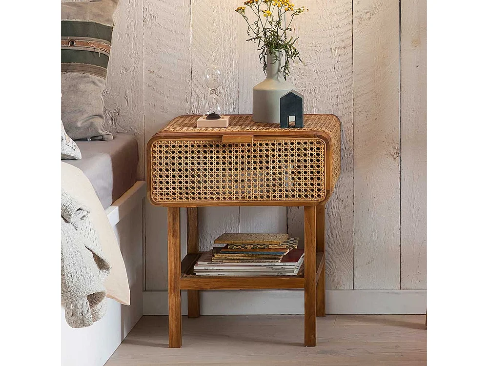 Nachtschrank aus Rattan und Teak Massivholz Retrostil