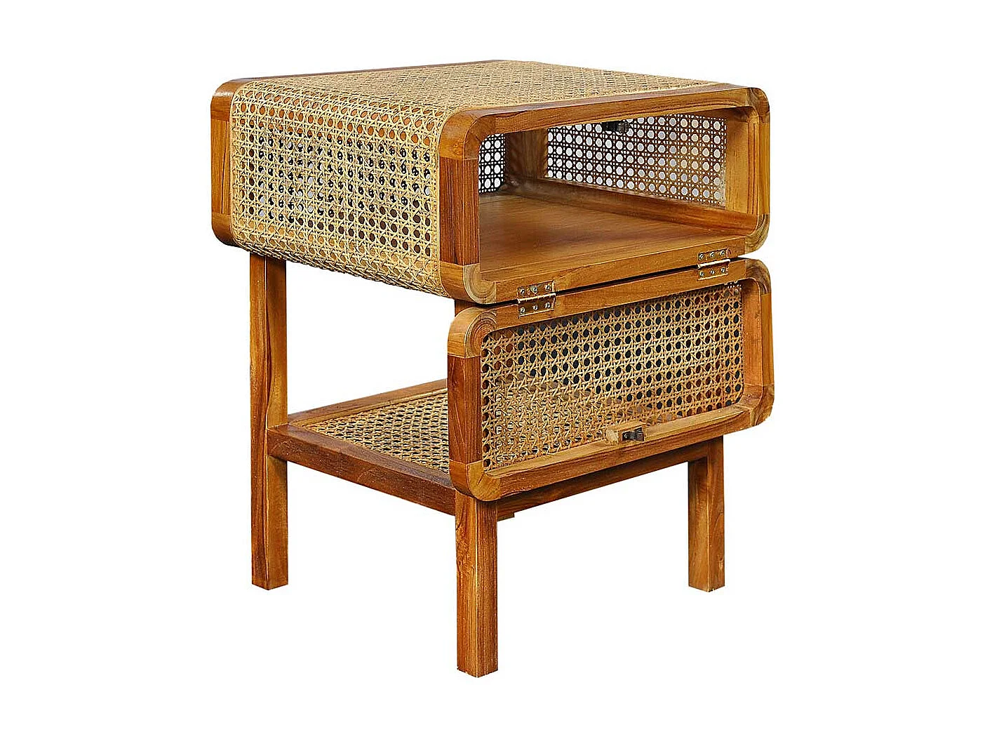 Nachtschrank aus Rattan und Teak Massivholz Retrostil