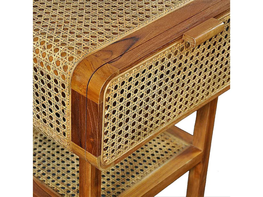 Nachtschrank aus Rattan und Teak Massivholz Retrostil