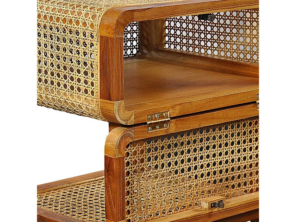 Nachtschrank aus Rattan und Teak Massivholz Retrostil