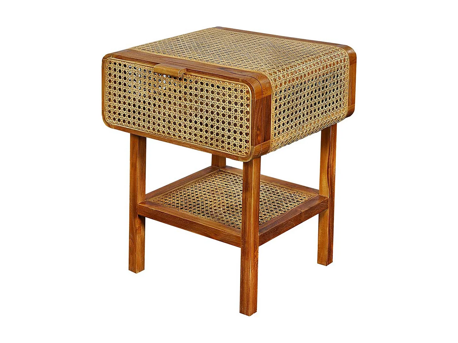 Nachtschrank aus Rattan und Teak Massivholz Retrostil