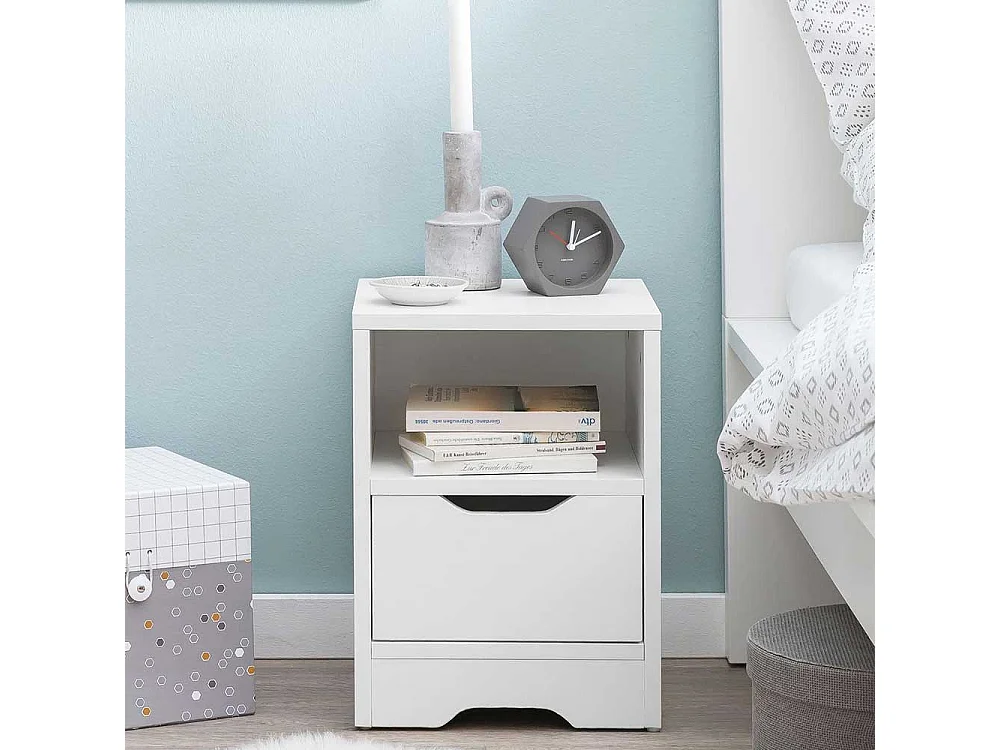 Nachttischschränkchen in Weiß einer Schublade und offenem Fach
