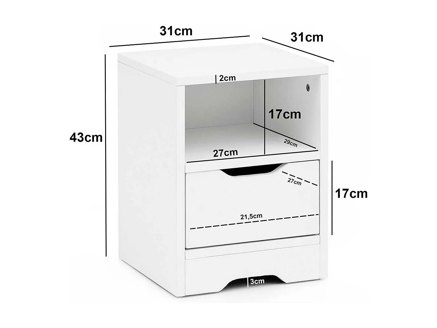 Nachttischschränkchen in Weiß einer Schublade und offenem Fach