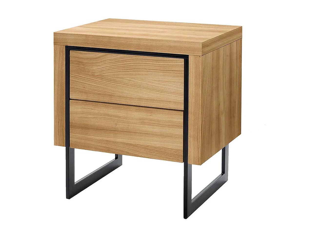 Nachtschränkchen in Eichefarben und Schwarz Bügelgestell aus Metall