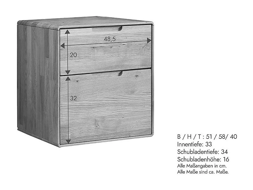 Nachtkommode Nachtschrank aus Wildeiche Massivholz mit Griffmulden