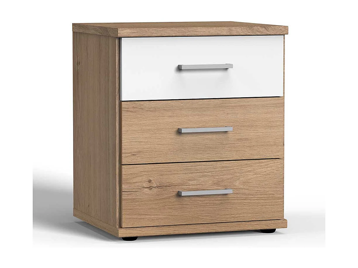 Bett Kommode mit drei Schubladen Eichefarben und Weiß