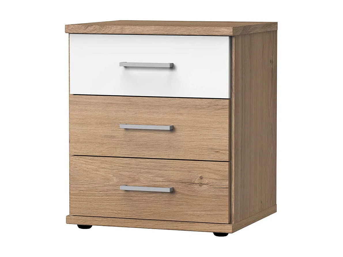 Bett Kommode mit drei Schubladen Eichefarben und Weiß