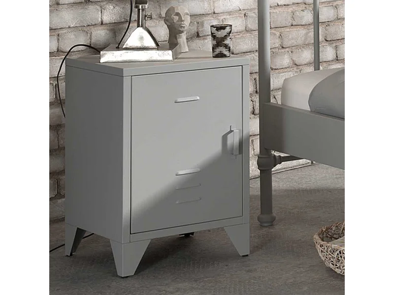 Grauer Nachttisch aus Eisen pulverbeschichtet 1 türig