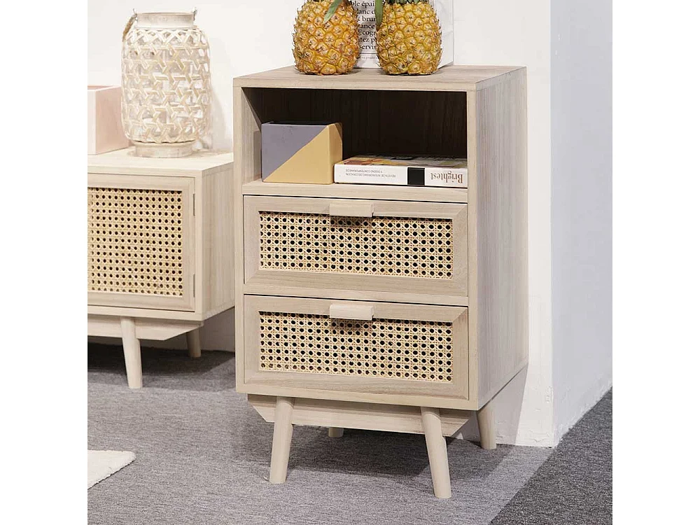 Schubladen Kommode in Holz Naturfarben Rattan Front