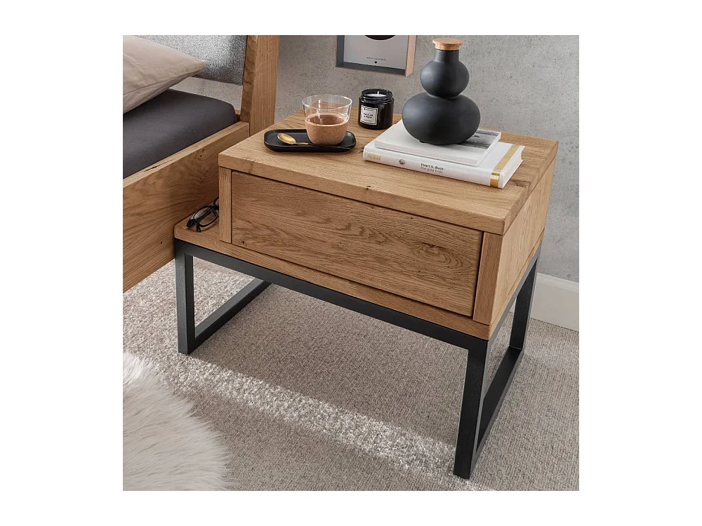 Nachttischschrank Schlaftisch aus Wildeiche Massivholz und Metall
