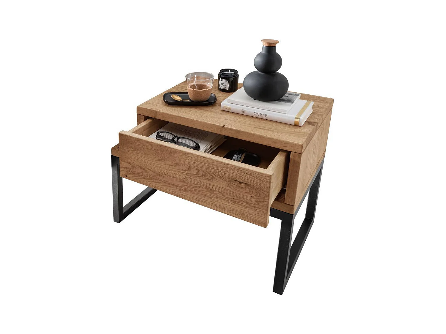 Nachttischschrank Schlaftisch aus Wildeiche Massivholz und Metall